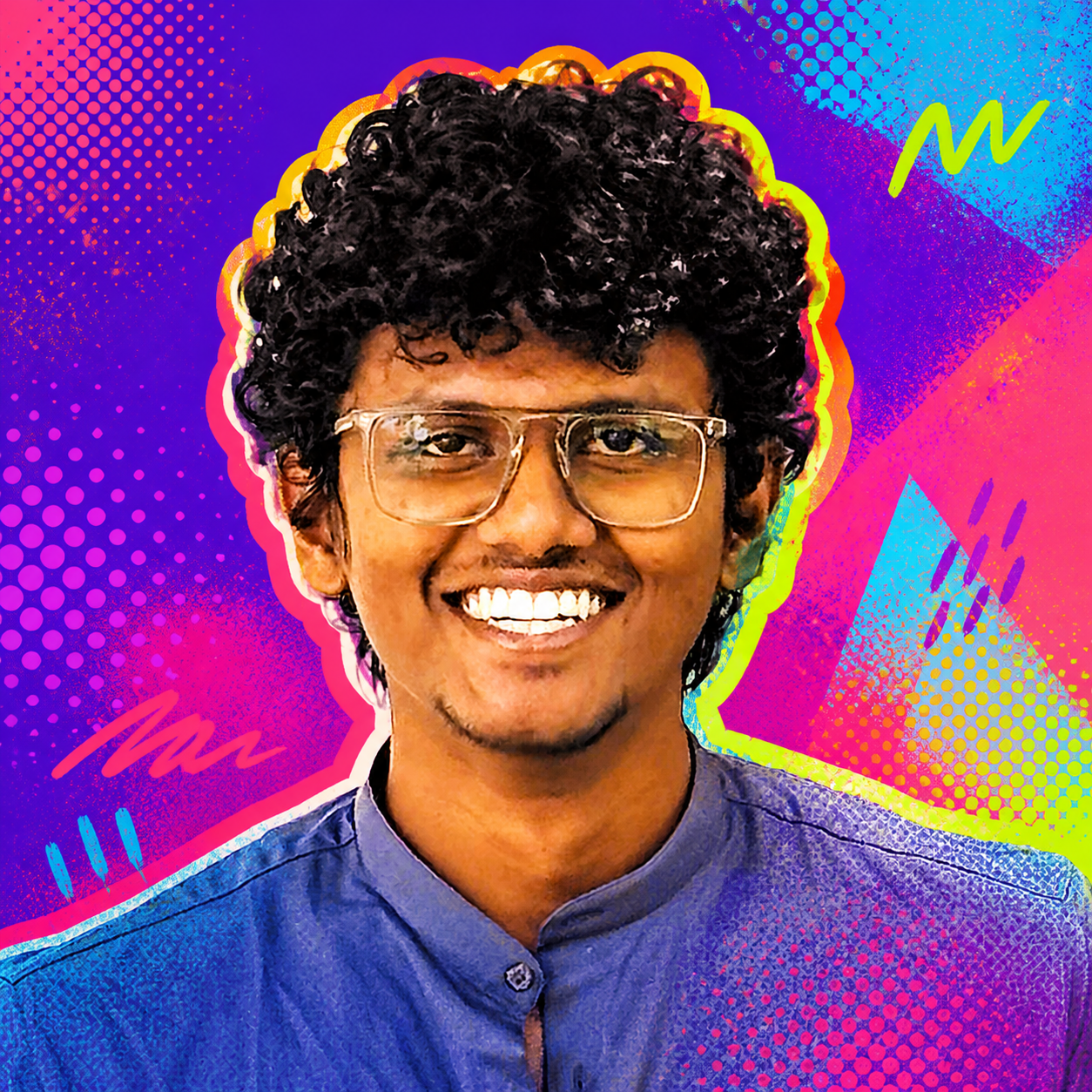 A colorful pop-art portrait of Gokul Santhosh